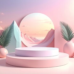 Elegant Pastel Product Display Podium with Mountain Backdrop Serene and Minimalist Aesthetic for Marketing and Presentation
