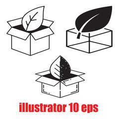 Set of eco-friendly packaging vector icons. Leaf in a box symbol for sustainable, organic, and biodegradable products.