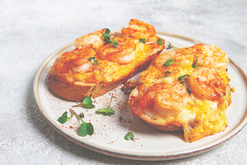 sandwiches with shrimp and cheese, baked in the oven, with microgreens, breakfast, homemade, no people,