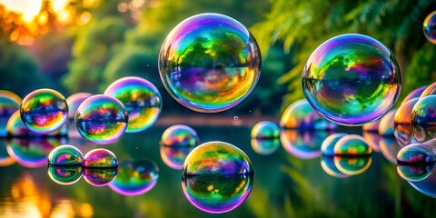 A collection of iridescent soap bubbles float above a tranquil body of water, reflecting the surrounding greenery and sunlight, creating a mesmerizing display of color and light