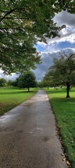 A paved path winds through a parkland dotted with lush greenery and mature trees, bathed in the soft light of a partly cloudy day.