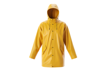 Yellow raincoat with hood waterproof outerwear for rainy weather isolated on white background