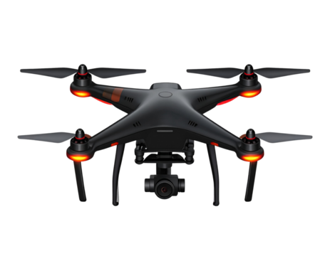 Flat Vector Black Drone with Orange Light Highlights, Transparent Background
