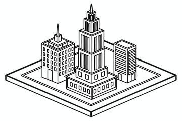 Obraz premium Vector art of isometric line art illustration of three modern skyscrapers on a square platform
