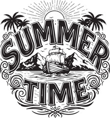 Vintage Engraving Summer Time with Beach  palm tree, Sunset outline sketch vector art illustration. 