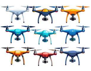 Flat Vector Illustration of Quadcopter Drone Collection, Transparent Background