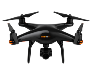Realistic Black Drone with Orange Navigation Lights, Transparent Background