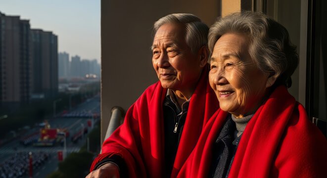 Happy senior asian couple enjoying the sunset view from their balcony in beijing, china, wrapped in a red blanket