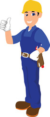 Cartoon construction worker vector, yellow hard hat, blue overalls, tool belt, thumbs up, safety gear, white background, friendly illustration