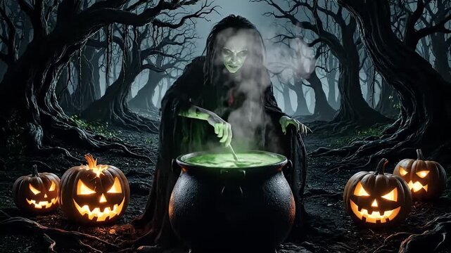 Creepy Witch Brewing a Bubbling Green Potion in a Cauldron in a Spooky Forest