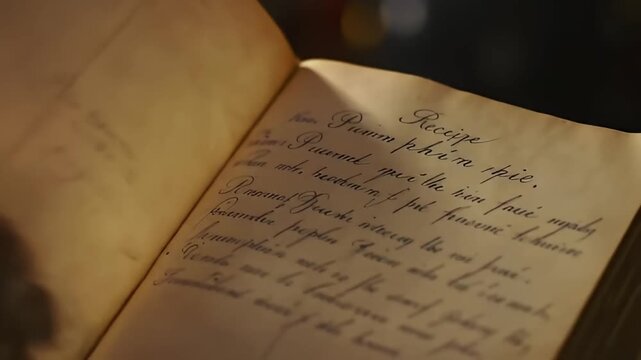 Close-up of vintage handwritten recipe in an old cookbook, evoking traditional holiday cooking and culinary heritage.