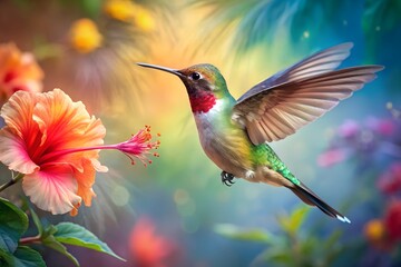 Obraz premium A hummingbird flying near a hibiscus flower with a colorful background