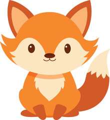 Cute Baby Fox Sitting with Fluffy Tail. Kawaii Chibi Cartoon Vector Illustration