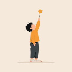 A joyful child holds a star magic wand and gazes upwards, symbolizing dreams and the spirit of universal children's day.