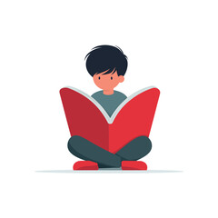 A young boy sits cross-legged, engrossed in reading a large red book, promoting literacy and education.