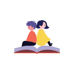 Two minimalist children, a boy and a girl, sit back-to-back on a large open book, representing education, friendship, and the spirit of Universal Children's Day.