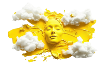 A vibrant yellow visage surrounded by fluffy clouds against a white backdrop, evoking a playful dreamlike atmosphere isolated on transparent background