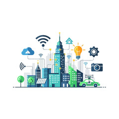 Obraz premium Vector illustration of a futuristic smart city with connected infrastructure, autonomous vehicles, and technological icons.