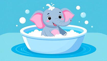 Cute elephant in a blue baby bath