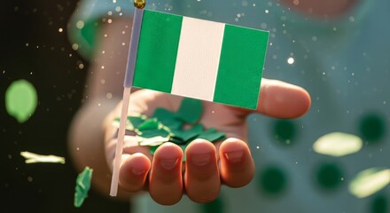 Closeup of a hand holding a small nigerian flag with green confetti falling, celebrating nigerias independence day