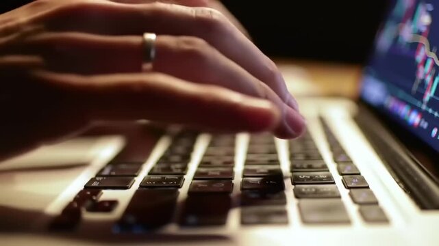 Typing on laptop keyboard with digital screen information displayed