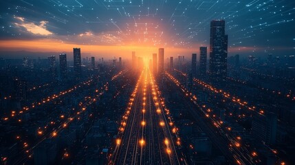 Futuristic city at night with glowing AI-driven data highway in the center.
