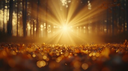 Golden Sunlight Bursting Through Forest Canopy with Autumnal Leaf Litter