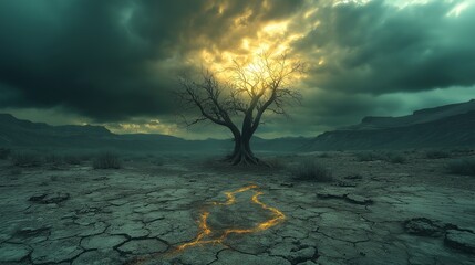 Lone tree in cracked desert under dramatic sky.