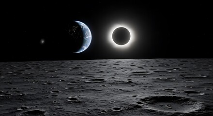 Lunar Eclipse Over Moonscape - A Celestial Spectacle of Earth and Sun.