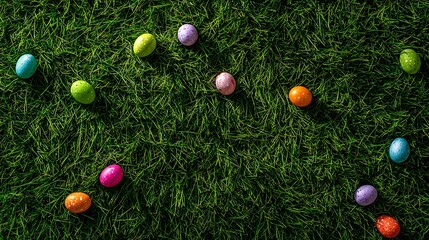 A bright green lawn with hidden colorful Easter eggs scattered on the grass