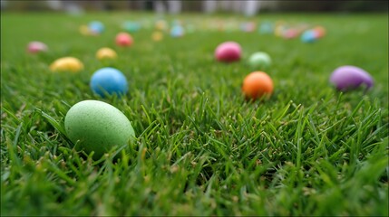 A bright green lawn with hidden colorful Easter eggs scattered on the grass