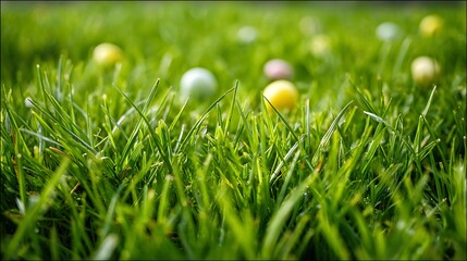 A bright green lawn with small Easter eggs peeking through the grass blades