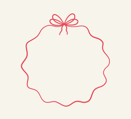Bow circle coquette frame. Vintage lace ribbon round border. Hand drawn circle line frame with bow. Doodle girly decorative red border. Vector illustration isolated on beige background.