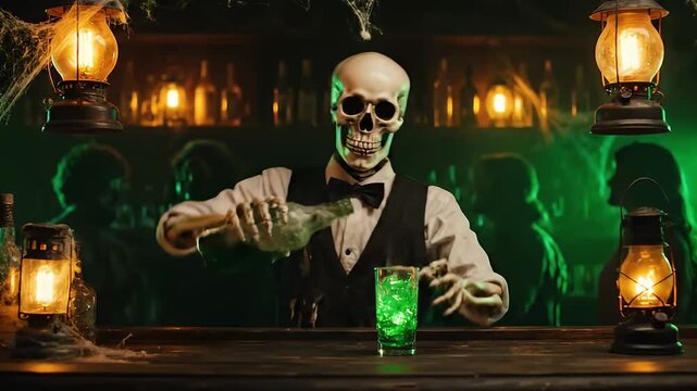 Friendly Skeleton Bartender Mixing a Glowing Drink at a Halloween Party