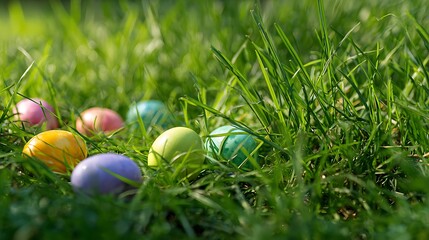 A bright green lawn with Easter eggs partly visible among tall grass