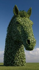 Lush green foliage forms an impressive horse head sculpture against a vibrant blue sky.