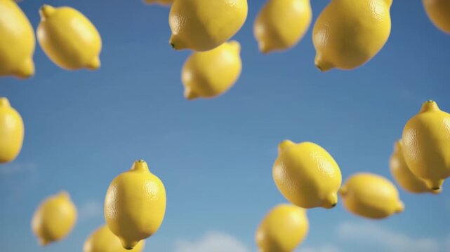 Fallende Zitronen in Zeitlupe &ndash; Frische Fr&uuml;chte im freien Fall vor blauem Hintergrund