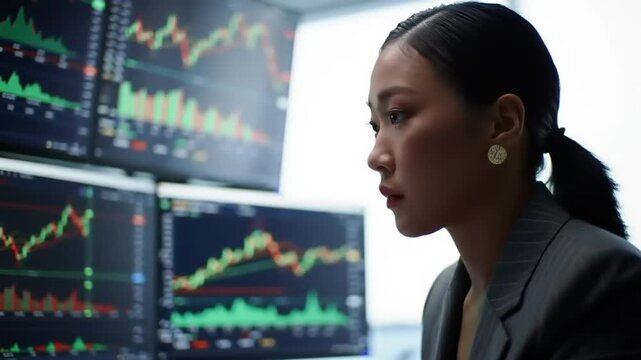 Woman analyzing financial data charts on multiple computer screens