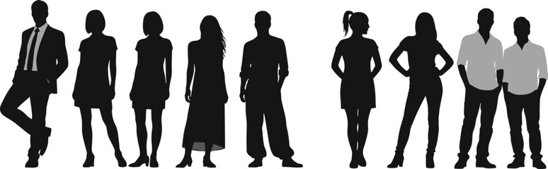 Diverse group of business people, men and women in casual and formal attire, standing black silhouette vector illustration