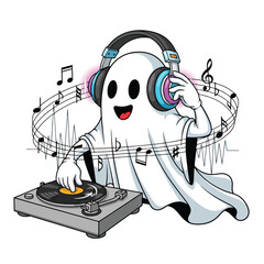 Cartoon ghost dj wearing headphones playing music on turntable isolated