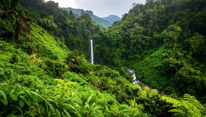 Lush green rainforest landscape with a majestic waterfall cascading down.