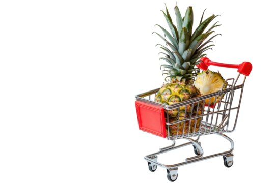A cheerful pineapple and its smaller companion ride together in a shopping cart against a minimalist backdrop isolated on transparent background
