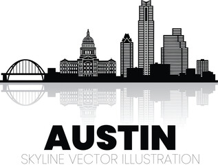 Obraz premium Austin Skyline Vector Silhouette with Texas State Capitol, Frost Bank Tower, and Pennybacker Bridge