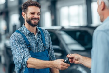 A smiling mechanic delivers keys to a satisfied customer in a well-lit garage. Both men engage in friendly conversation after a successful car service