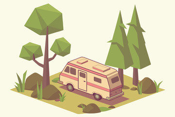 Obraz premium 3d render, pastel colored camper van, surrounded by low poly trees and bushes, cozy outdoors scene, minimalist style, soft lighting, vibrant colors, digital illustration