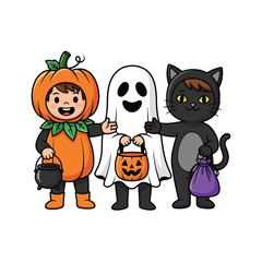 Children in halloween costumes trick or treating isolated on white background