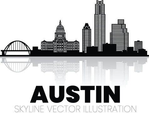 Austin Skyline Vector Silhouette with Texas State Capitol, Frost Bank Tower, and Pennybacker Bridge