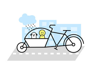 Cargo bicycle with front seat and rain cover with child and a dog passengers. Flat geometric style, icon.
