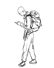 Black and white vector sketch of Asian bald man with glasses, walking with a backpack and phone in casual streetwear