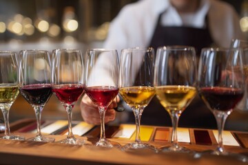 A person is serving wine at a tasting event. Various glasses filled with red, white, and ros wines are lined up on a wooden table. Colorful labels and tasting notes are beside each glass